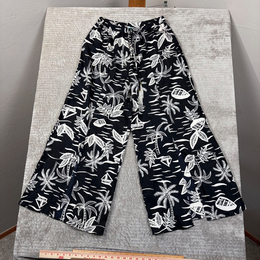 True‎ Destinations Womens Tropical Palm Tree Print Wide Leg Rayon Pants Black L